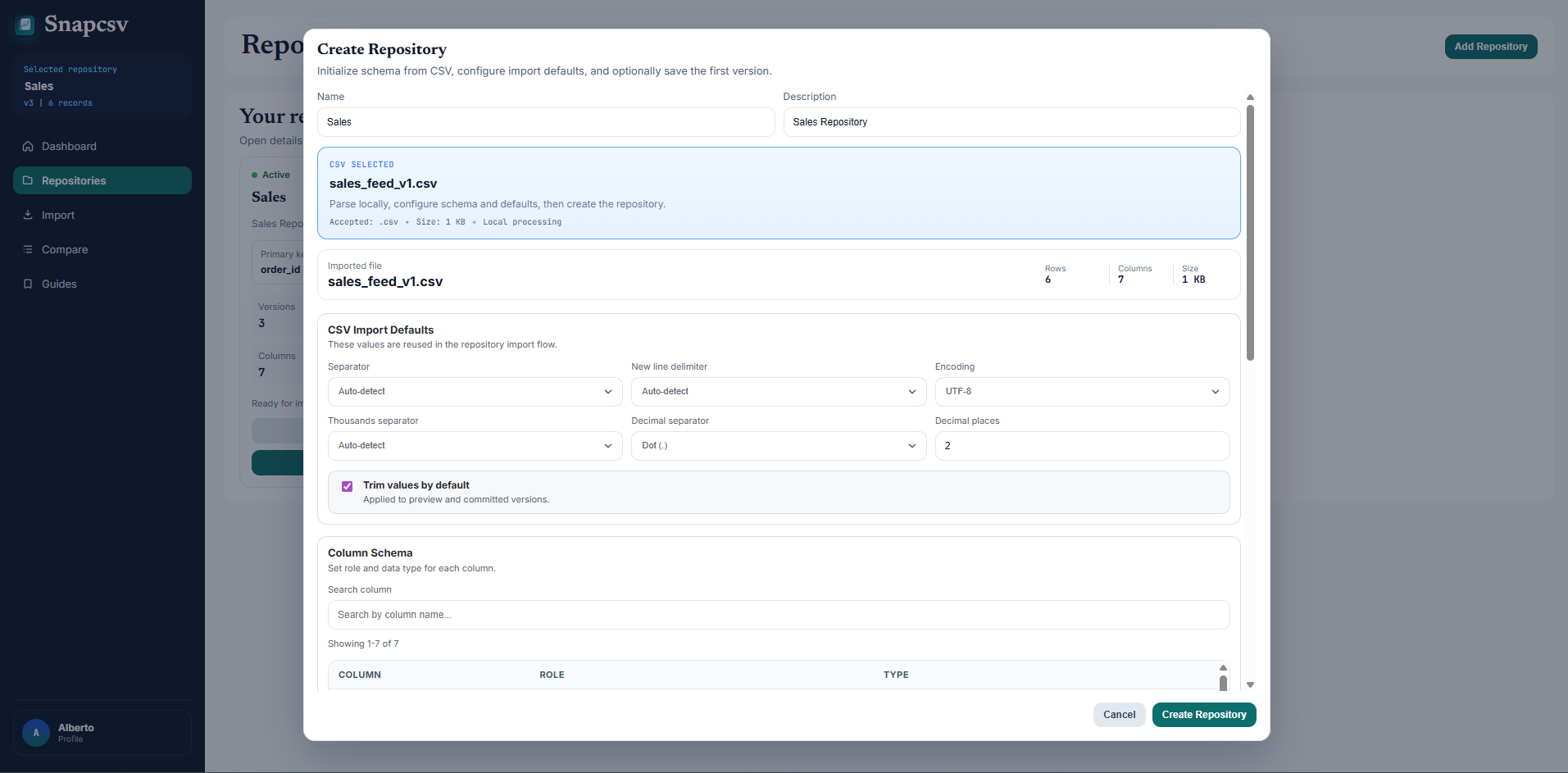 Csv Repository Snapcsv | Local-first CSV versioning, compare and patch export